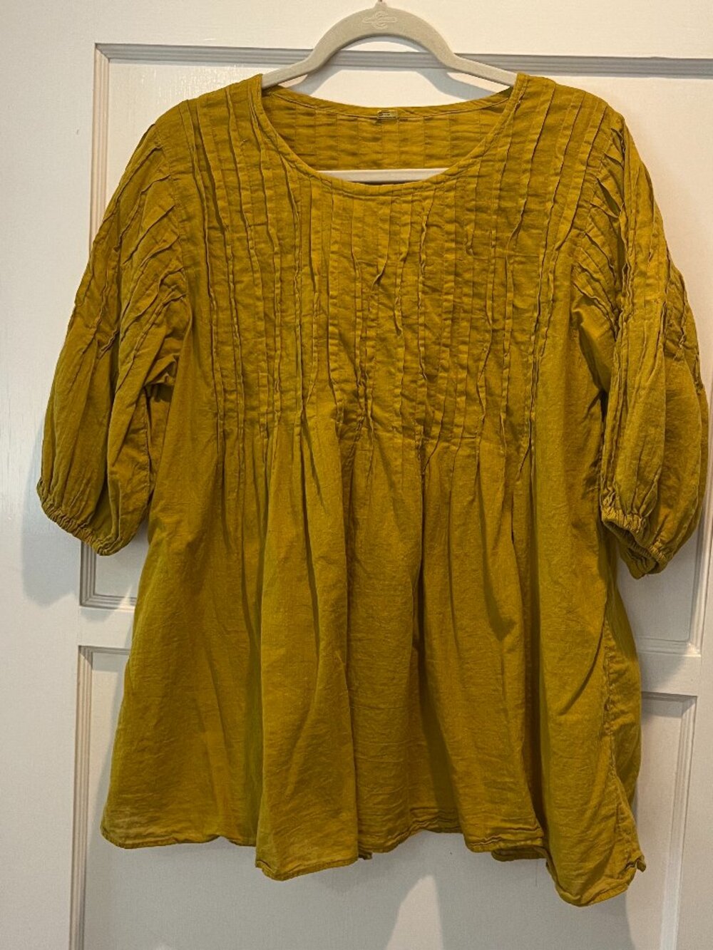 100% Cotton Smocked Flowy Blouse with Puffed Sleeves in Mustard - O/S
